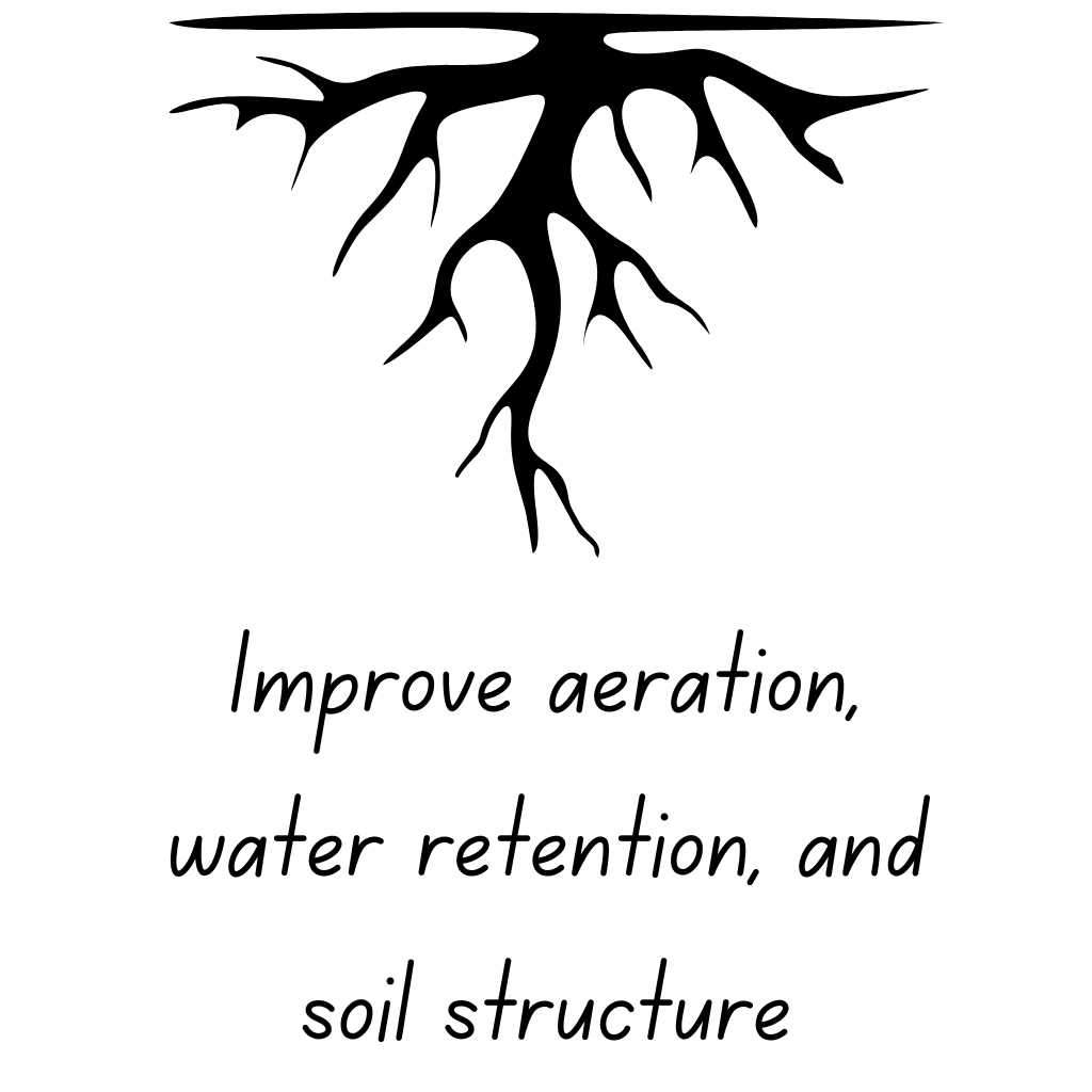 the symbol of roots and soil with text below stating, improve aeration, water retention and soil strucutre