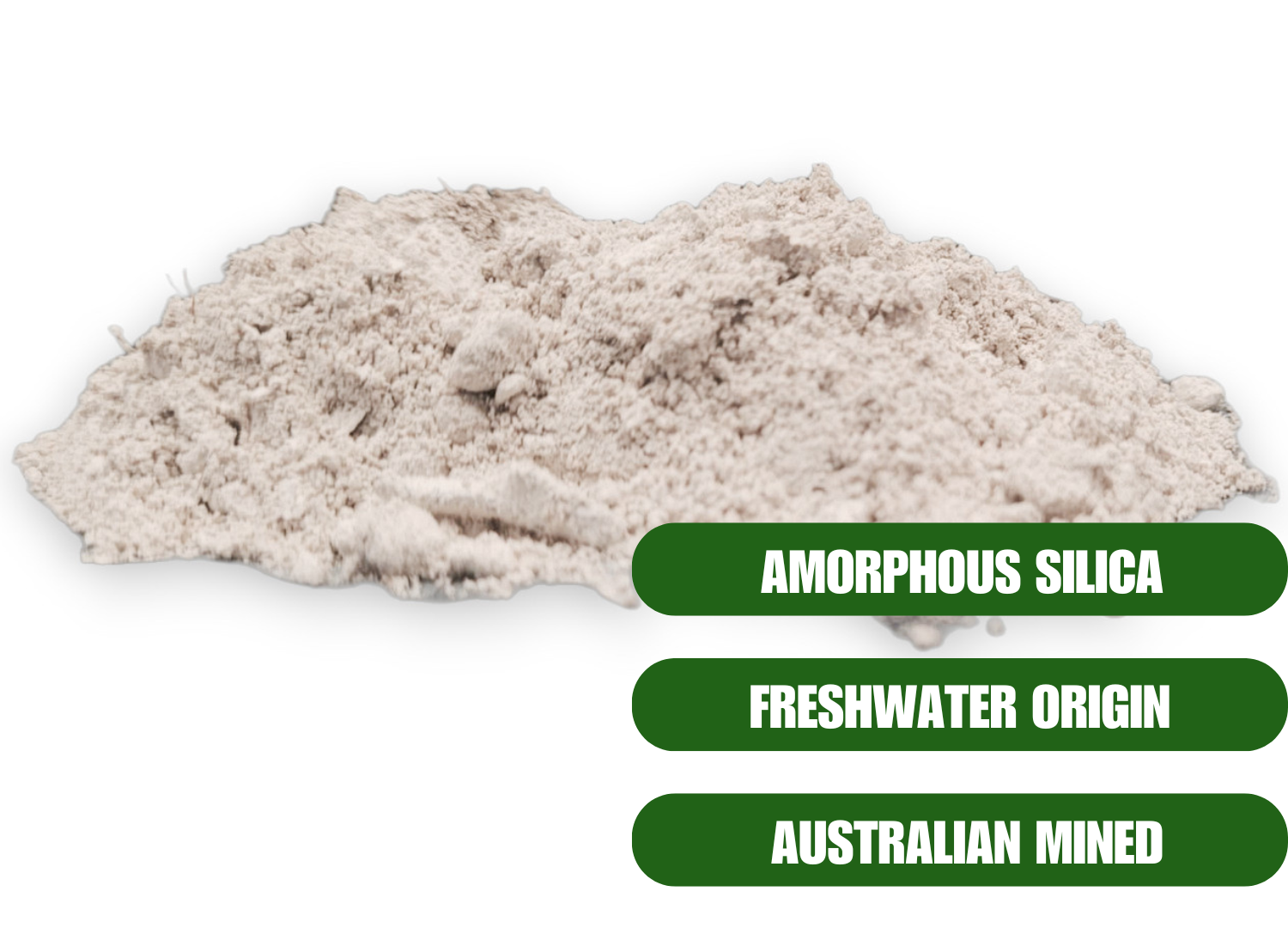 image of diatomaceous earth - grey/white in appearance. 3 key descriptions listed. Amorphous Silica, Freshwater origin, Australian Mined