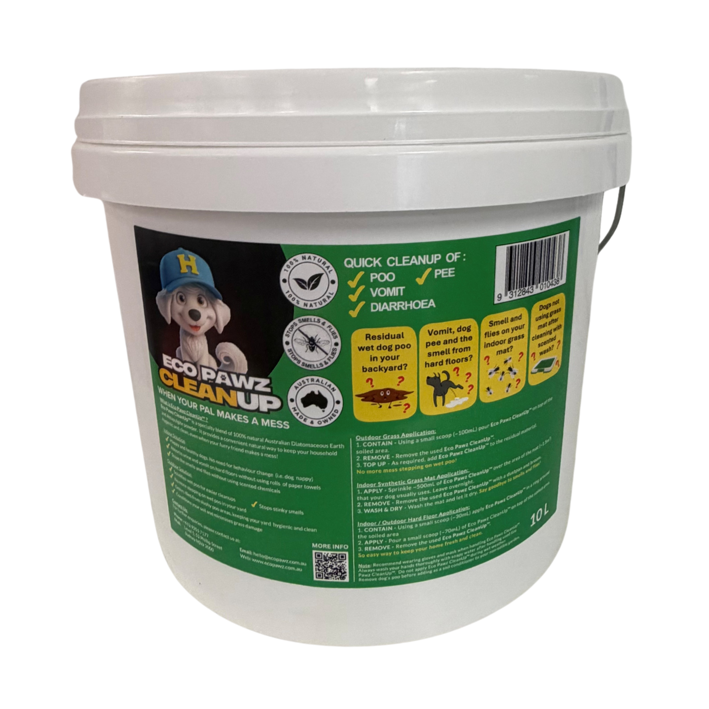 Eco Pawz CleanUp® logo on 10L tub – natural diatomaceous earth and attapulgite clay powder for dog urine odour and ammonia control and lawn fix (fake and real grass)