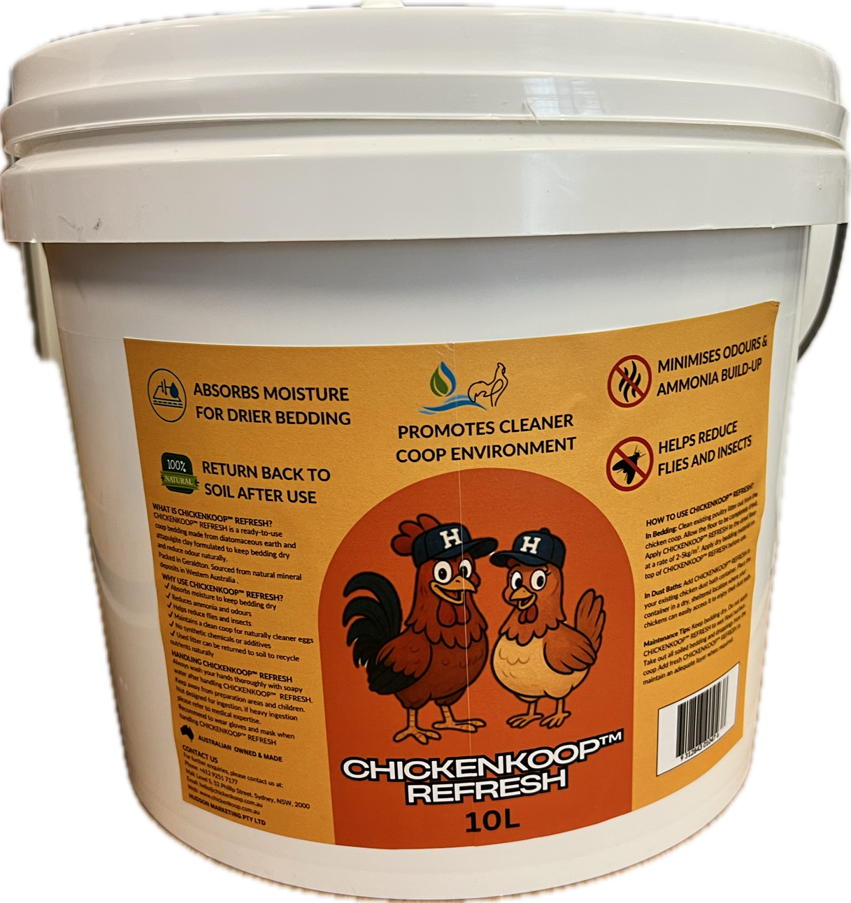 A 10L tub of ChickenKoop™ Refresh, a natural, Australian-sourced mineral blend of diatomaceous earth and attapulgite clay. Designed to absorb moisture, control odours, and maintain clean, fresh bedding in backyard and hobby farm chicken coops. Ideal for regular coop maintenance, deep litter management, and promoting happy, healthy hens. ChickenKoop™ Refresh 10L tub for chicken coop moisture management, bedding and litter management, chemical-free odour control, ammonia control, and pest management, supporting healthy hens and improved egg production.