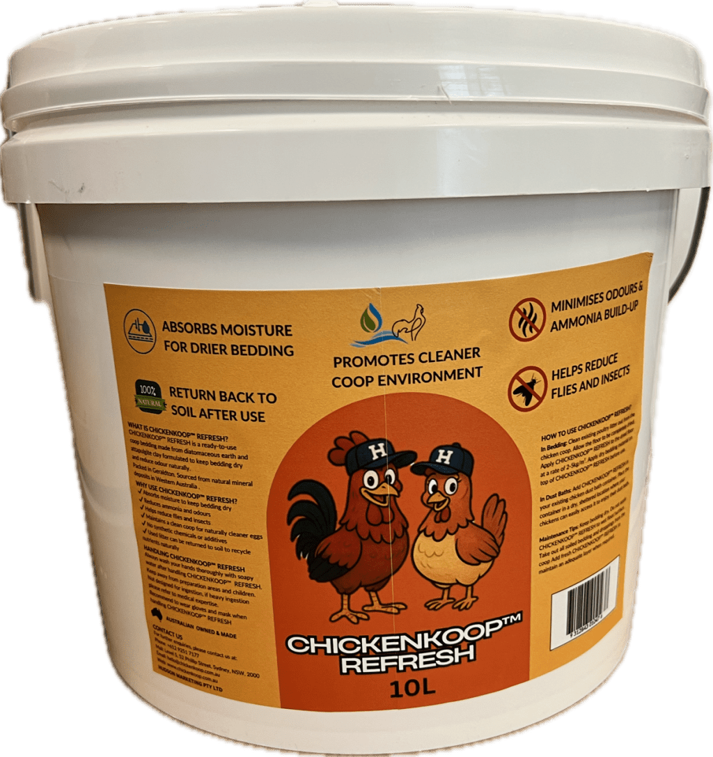 A 10L tub of ChickenKoop™ Refresh, a natural, Australian-sourced mineral blend of diatomaceous earth and attapulgite clay. Designed to absorb moisture, control odours, and maintain clean, fresh bedding in backyard and hobby farm chicken coops. Ideal for regular coop maintenance, deep litter management, and promoting happy, healthy hens. ChickenKoop™ Refresh 10L tub for chicken coop moisture management, bedding and litter management, chemical-free odour control, ammonia control, and pest management, supporting healthy hens and improved egg production.