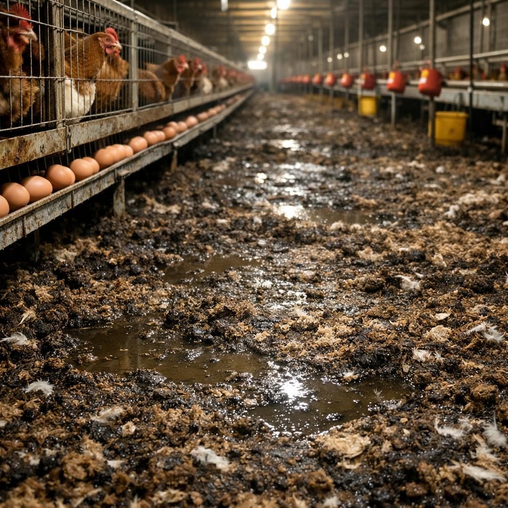 Hens confined in wire cages above a dirty floor with collected eggs in trays