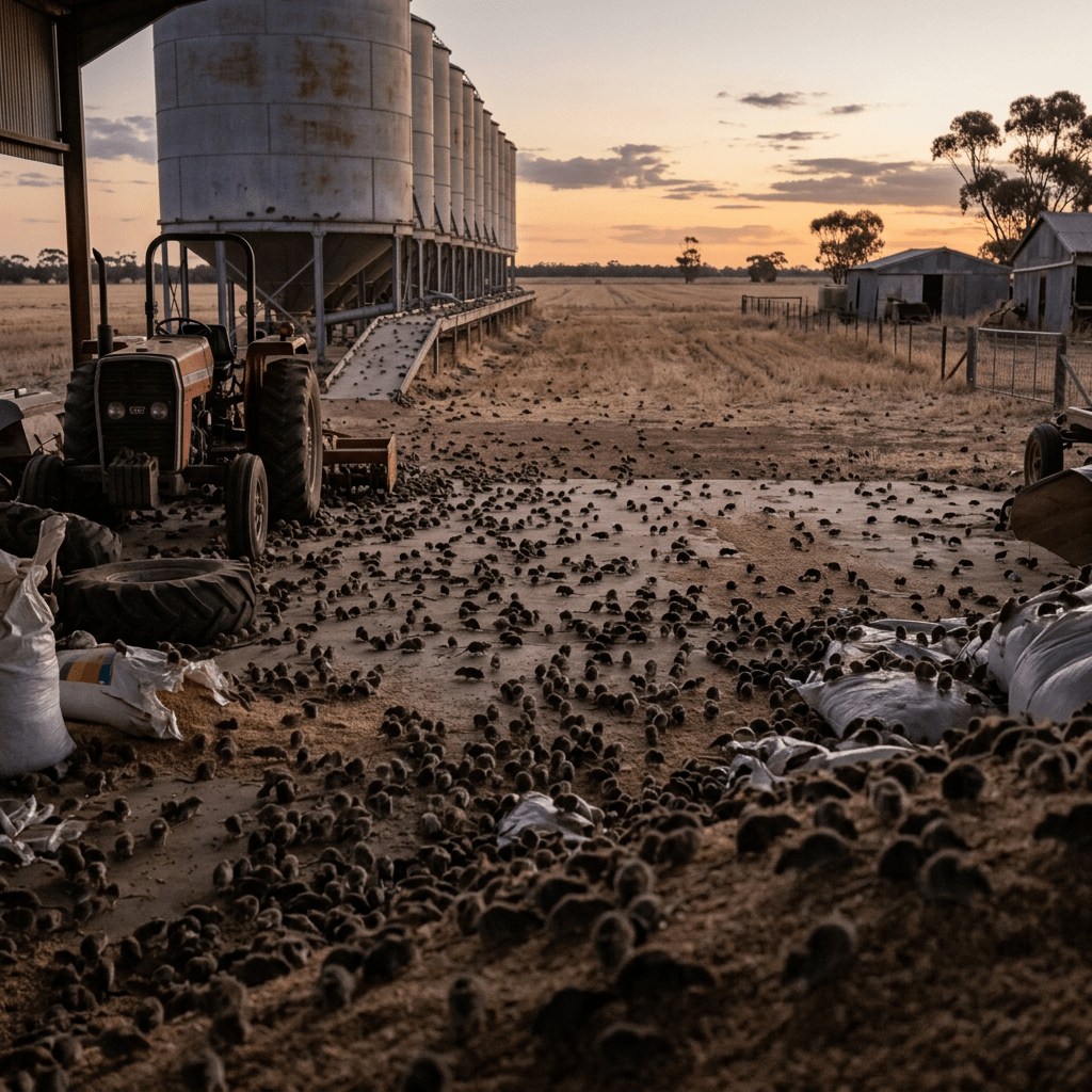 Farmyard with many small birds on spilled grain around silos and a red tractor at sunrise or sunset